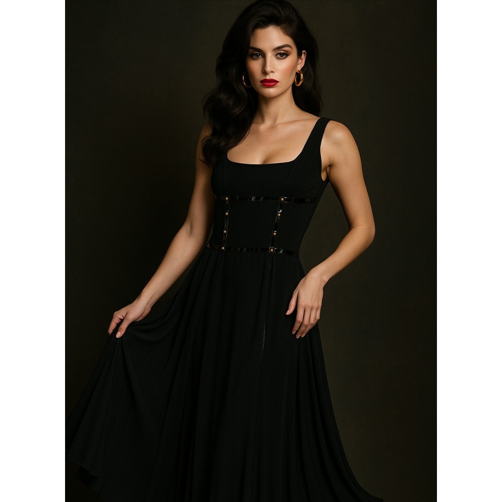 Susan Roselli For Vijack Black Dress Mob Wife Goth Pleated Gold Accents Sz 10